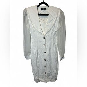 Vintage Dawn Joy 90s Formal White Suit Dress‎ Sheer Arms Faux Pearl Button Front